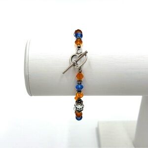 Vintage Silver Tone Orange, Blue & White Swarovski Crystal Beaded Bracelet